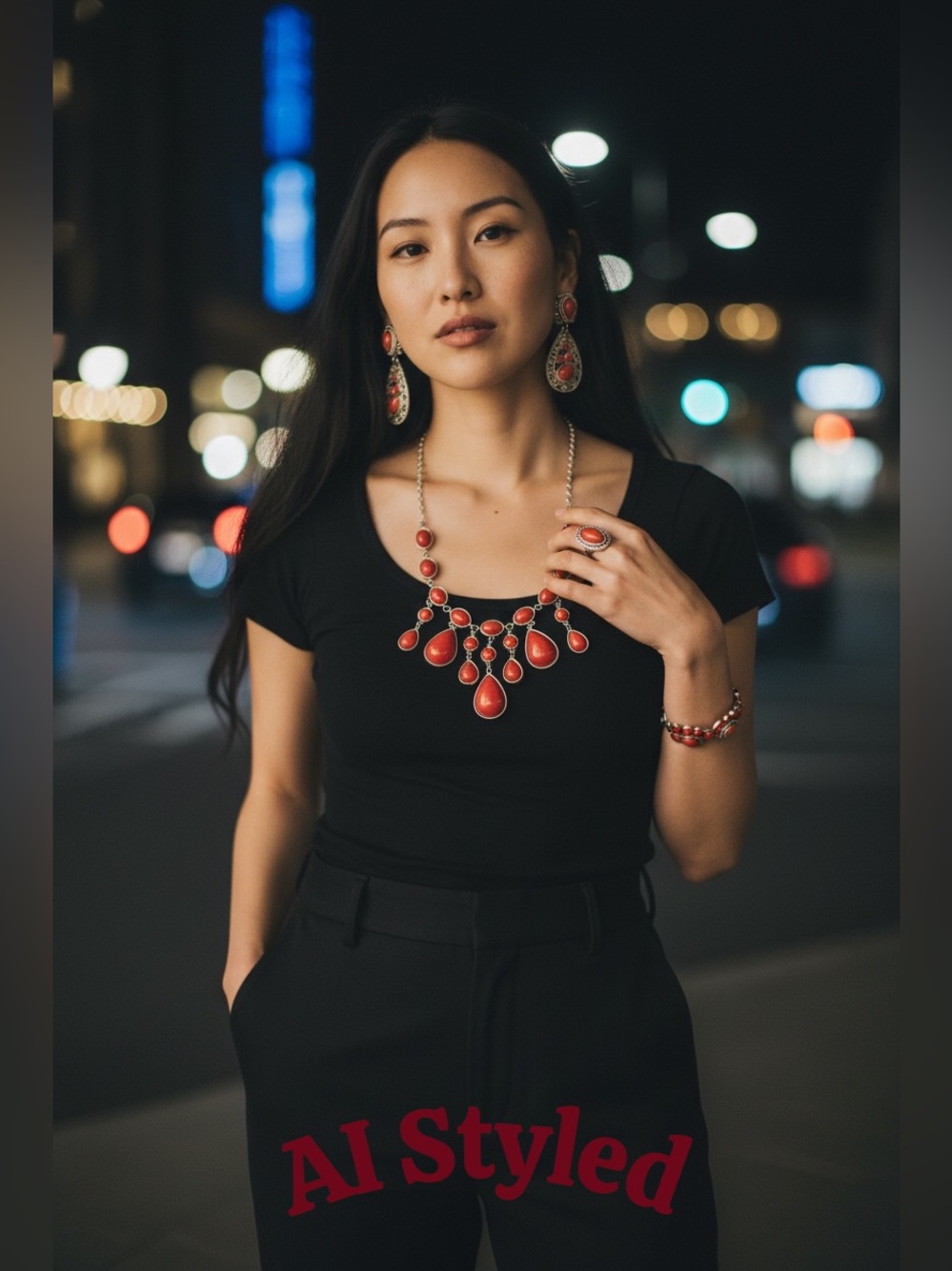 Dark Red Necklace, Earrings, Bracelet and Ring Set